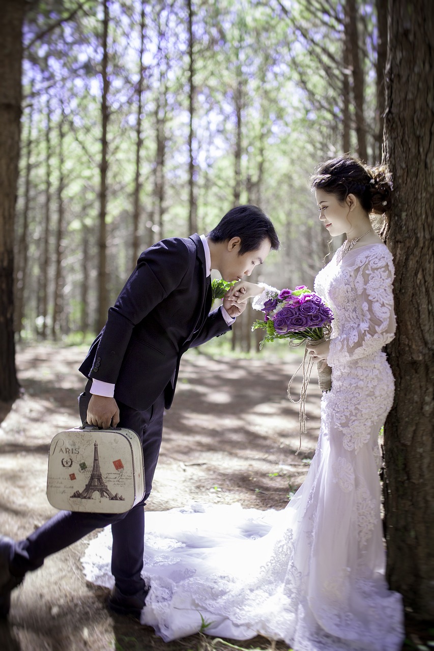 Groom kissing bride's hand